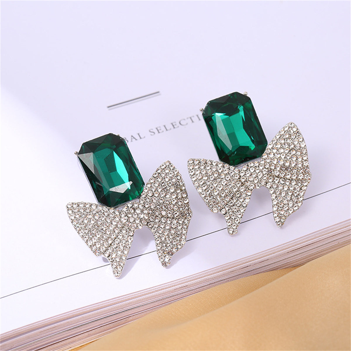 Green Crystal & Cubic Zirconia Silver-Plated Bow Drop Earrings