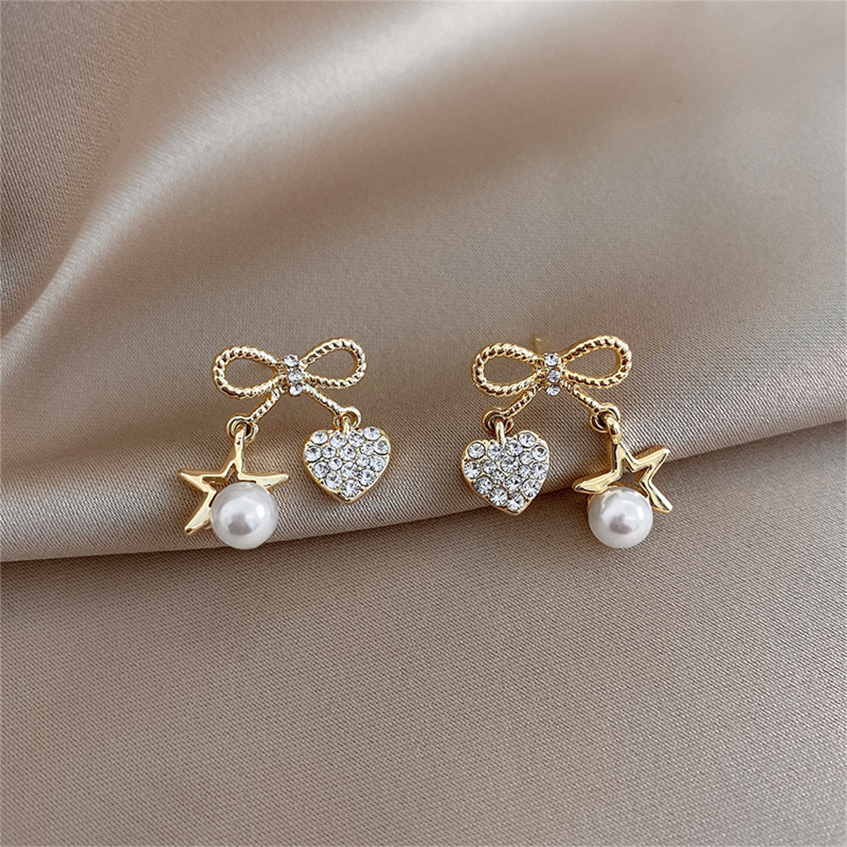 Cubic Zirconia and Pearl 18K Gold-Plated Bow Heart Star Drop Earrings, gold drop earrings for women, side view