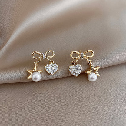 Cubic Zirconia and Pearl 18K Gold-Plated Bow Heart Star Drop Earrings, gold drop earrings for women, side view