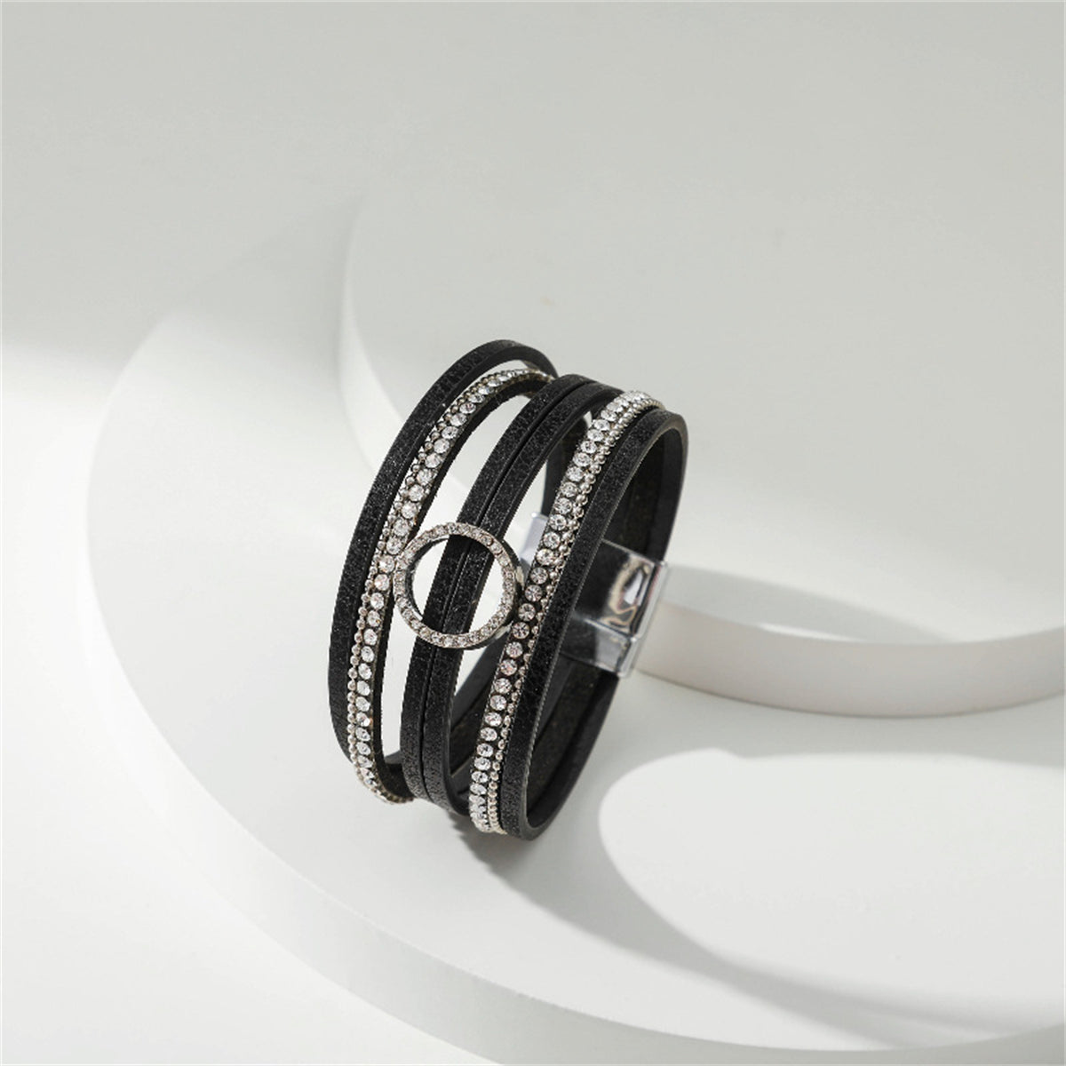 Black Polystyrene and Cubic Zirconia Silver-Plated Bead-Chain Circle-Charm Bangle, silver bracelet for women, detail close-up