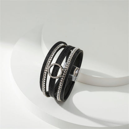 Black Polystyrene and Cubic Zirconia Silver-Plated Bead-Chain Circle-Charm Bangle, silver bracelet for women, detail close-up