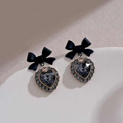 Cubic Zirconia and Black Crystal Bow Heart Drop Earrings, drop earrings for women, elegant gift for her, lifestyle look