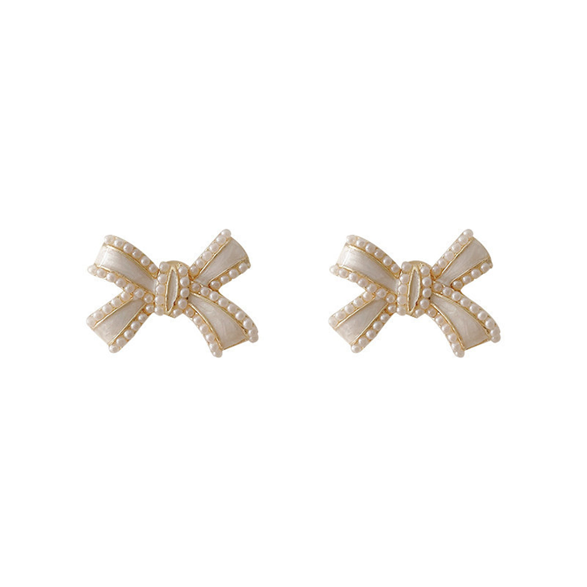 White Enamel & Pearl Bow Stud Earrings