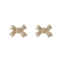 White Enamel & Pearl Bow Stud Earrings