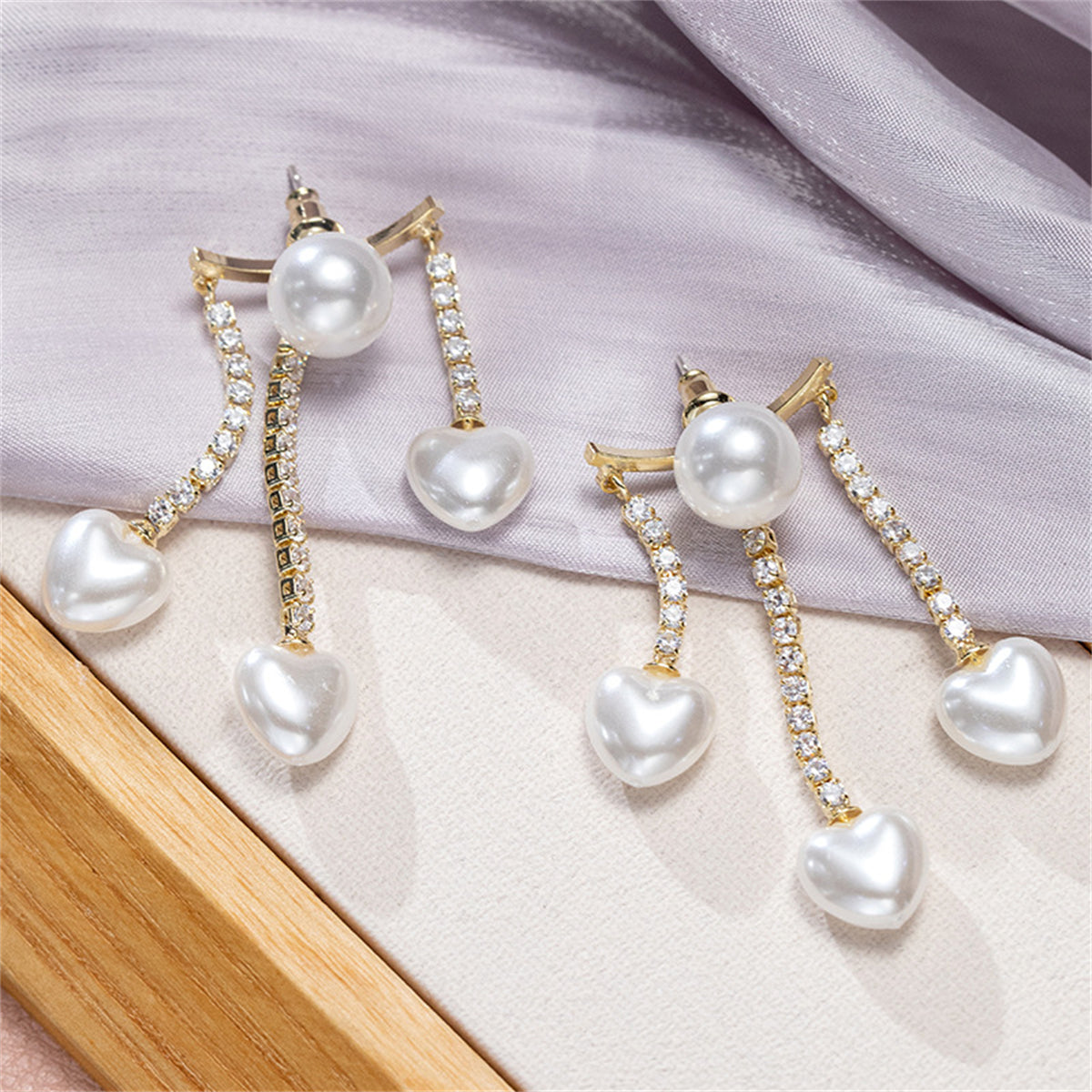 Cubic Zirconia and Pearl 18K Gold-Plated Heart Tassel Ear Jackets, gold drop earrings for women, lifestyle look