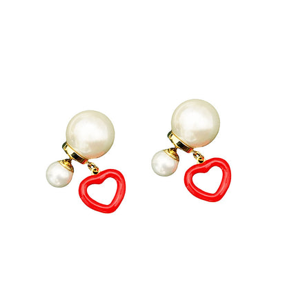 Red and Pearl Heart Ear Jackets, drop earrings for women, botanical inspired, styled look