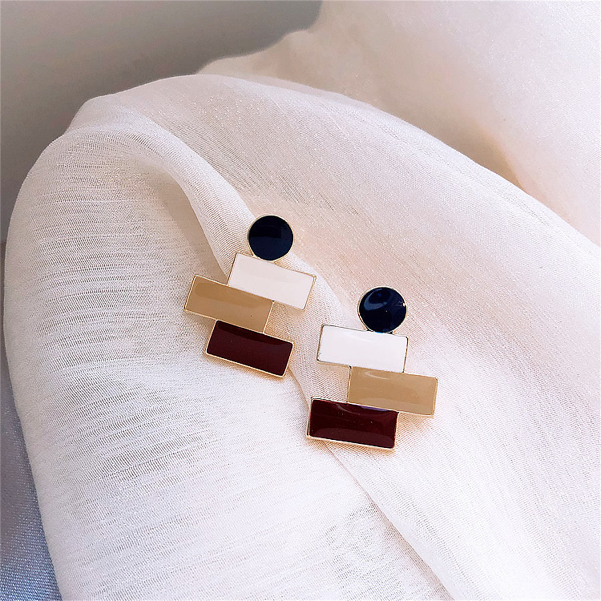 Tan & 18K Gold-Plated Geometric Stud Earrings