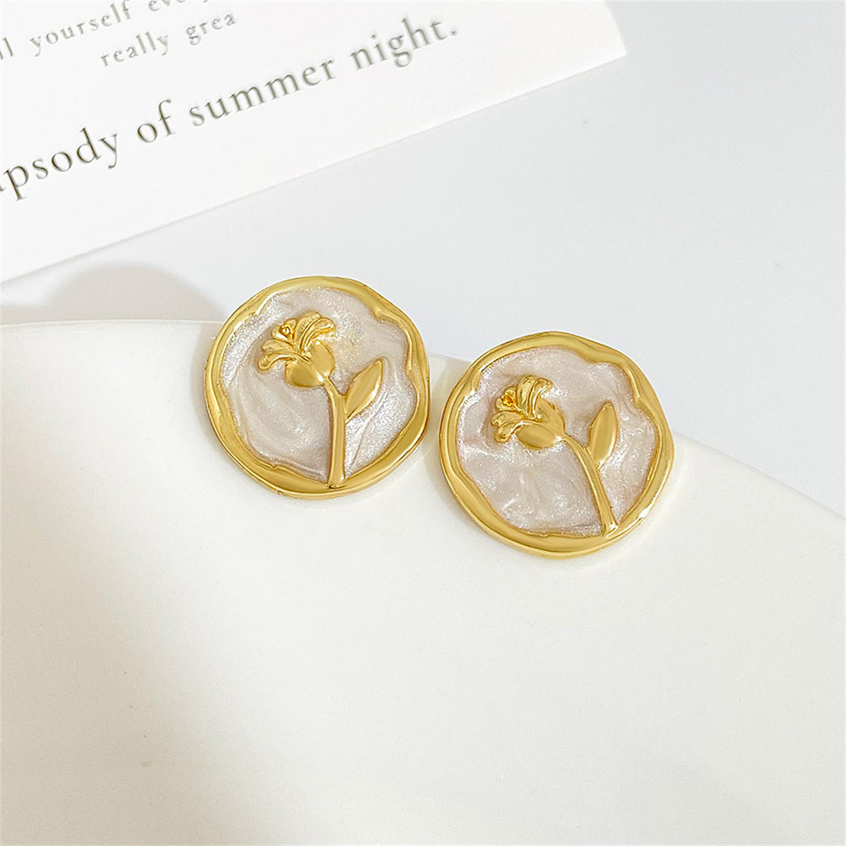 White Enamel & 18K Gold-Plated Rose Round Stud Earrings