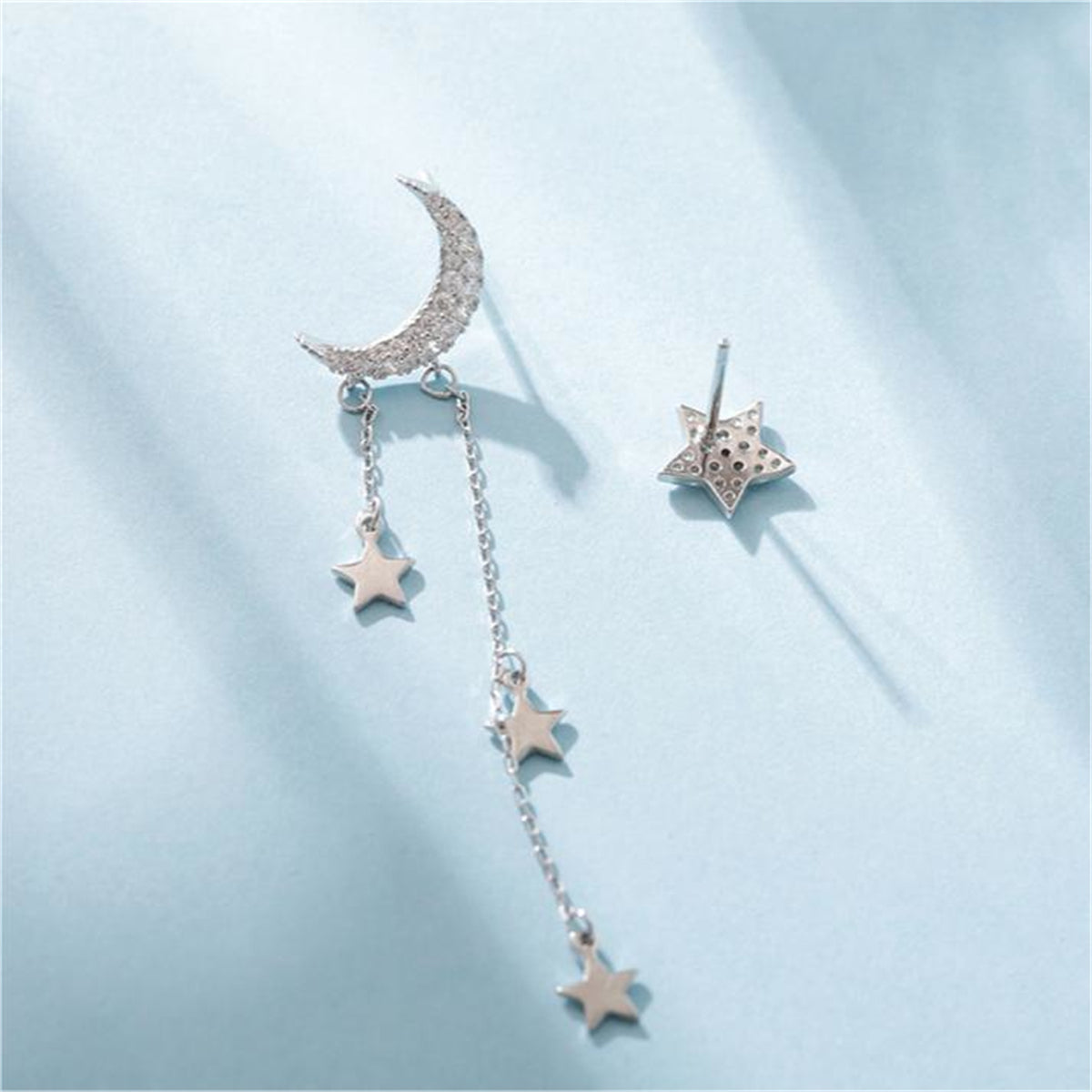 Cubic Zirconia & Silver-Plated Star Stud Earring & Moon Tassel Drop Earring