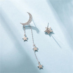 Cubic Zirconia & Silver-Plated Star Stud Earring & Moon Tassel Drop Earring