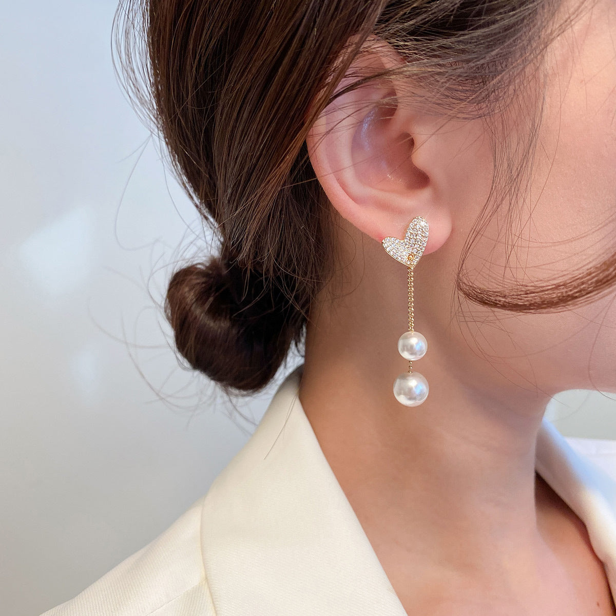 Cubic Zirconia and Pearl 18K Gold-Plated Heart Bead Drop Earrings, gold drop earrings for women, lifestyle look