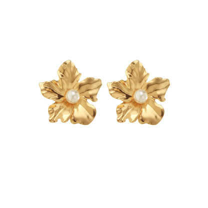 Pearl and 18K Gold-Plated Floral Stud Earrings, gold stud earrings for women, vintage-inspired design, styled look