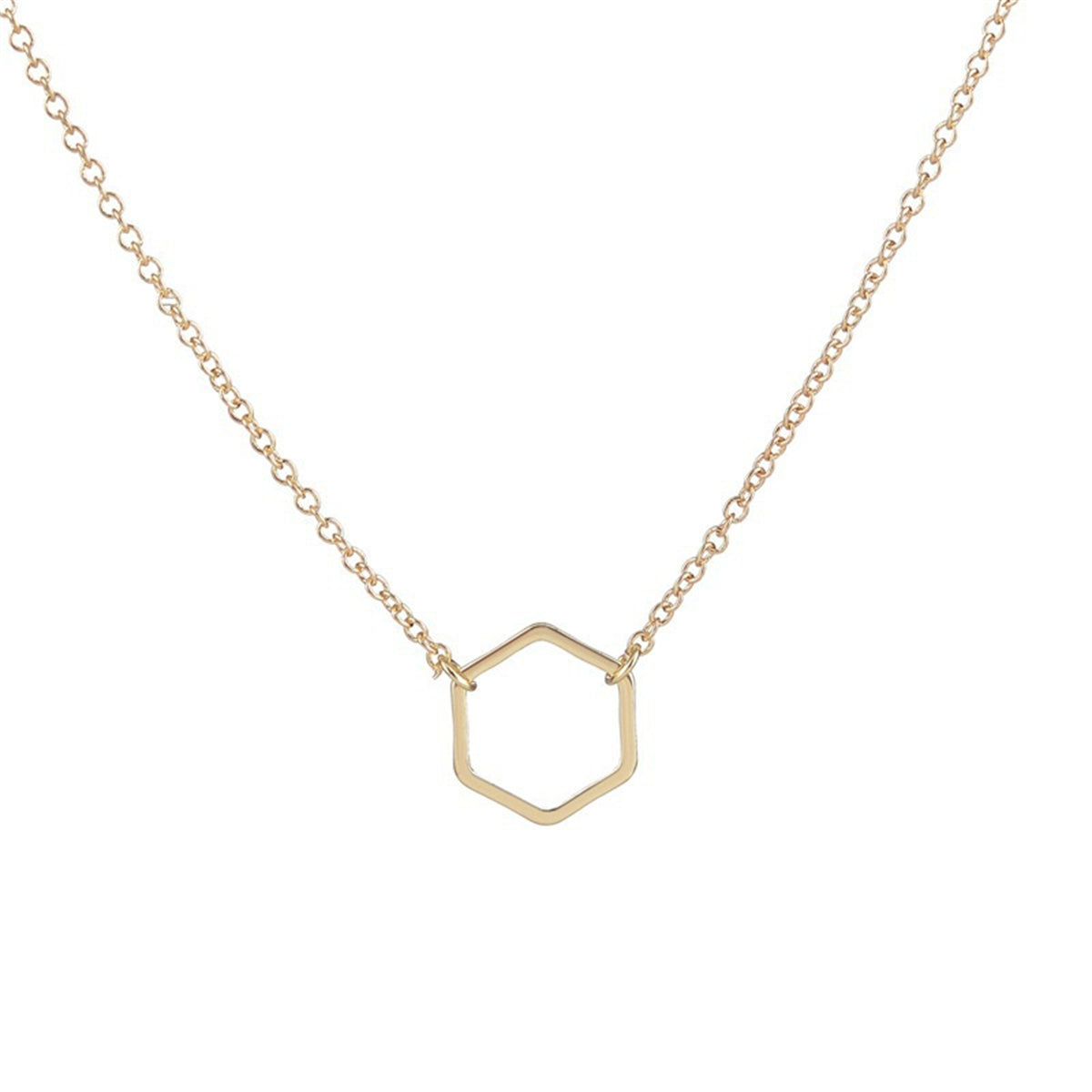 18K Gold-Plated Open Hexagon Pendant Necklace, gold pendant necklace for women, elegant gift for her, front view