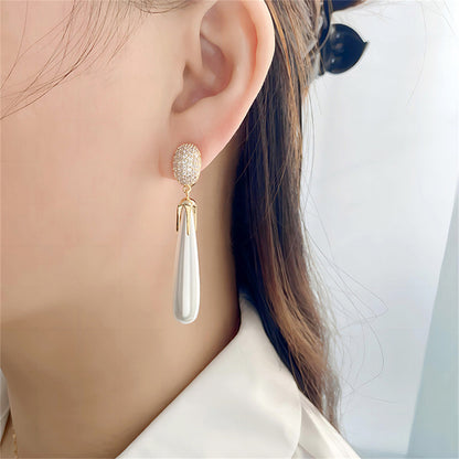 Cubic Zirconia and Pearl 18K Gold-Plated Drop Earrings, gold drop earrings for women, vintage-inspired design, styled look