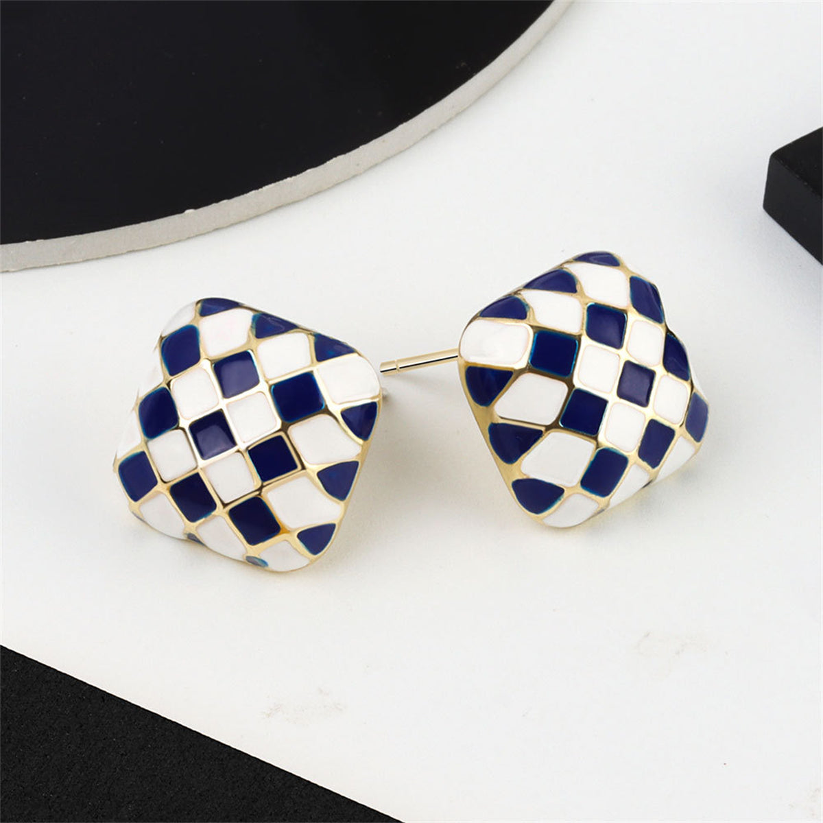 Blue & White Checkerboard Square Stud Earrings