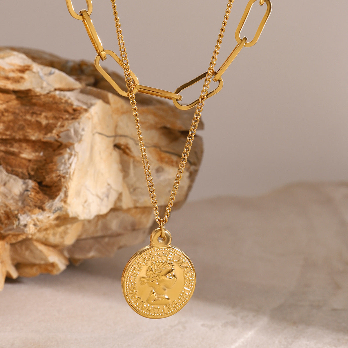 18K Gold-Plated 'Queen Elizabeth' Coin Layered Pendant Necklace, gold pendant necklace for women, detail close-up