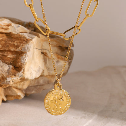 18K Gold-Plated 'Queen Elizabeth' Coin Layered Pendant Necklace, gold pendant necklace for women, detail close-up