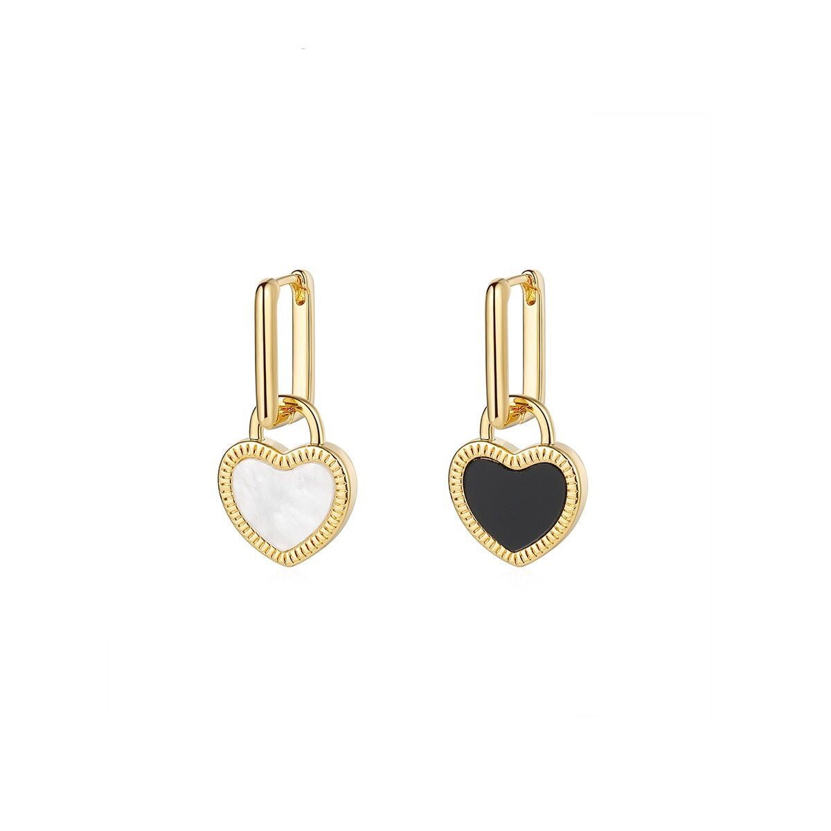 White & Black Heart Huggie Earrings