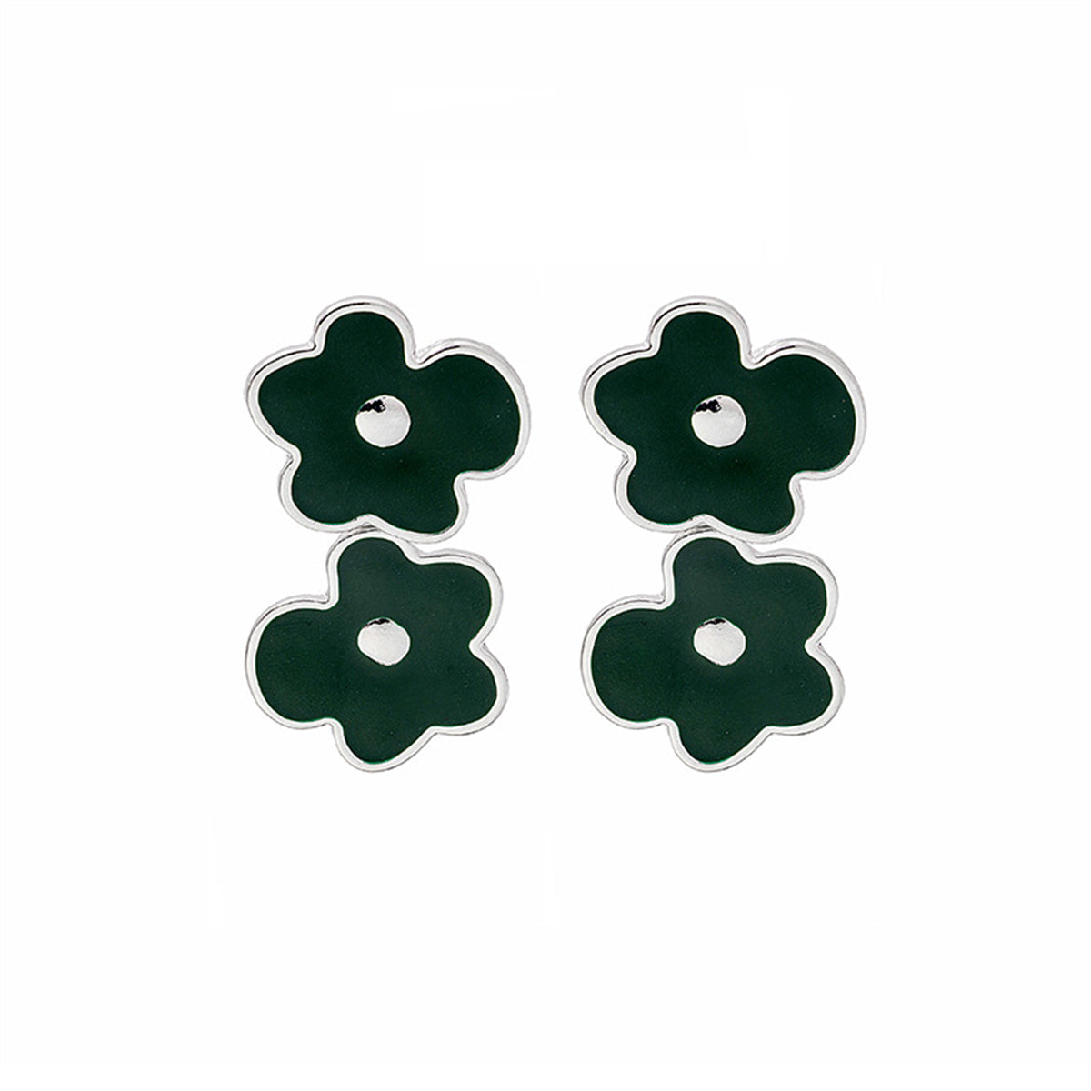 Black Enamel & Silver-Plated Floral Double-Bloom Dangle Earrings
