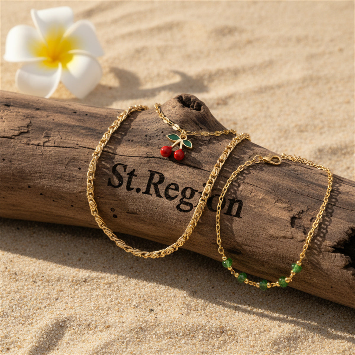 Green Quartz & Enamel Goldtone Cherry Charm Anklet Set - Street Region