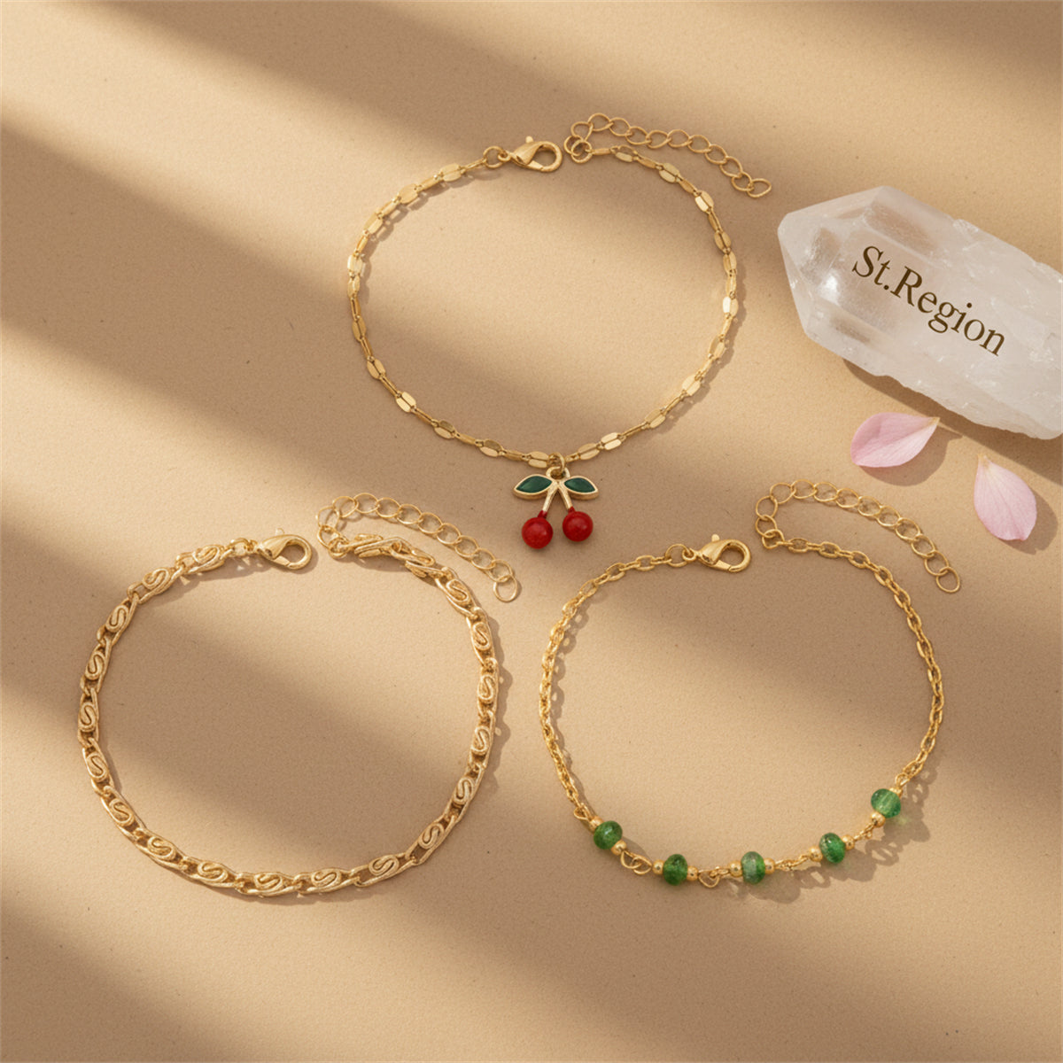 Green Quartz & Enamel Goldtone Cherry Charm Anklet Set - Street Region