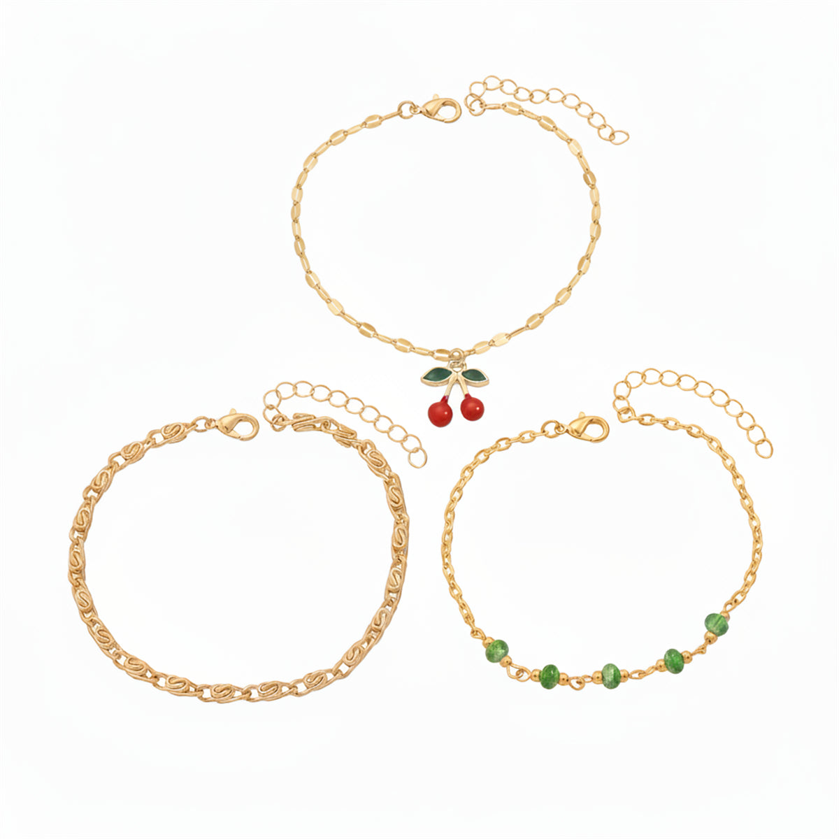 Green Quartz & Enamel Goldtone Cherry Charm Anklet Set - Street Region