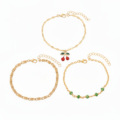 Green Quartz & Enamel Goldtone Cherry Charm Anklet Set - Street Region