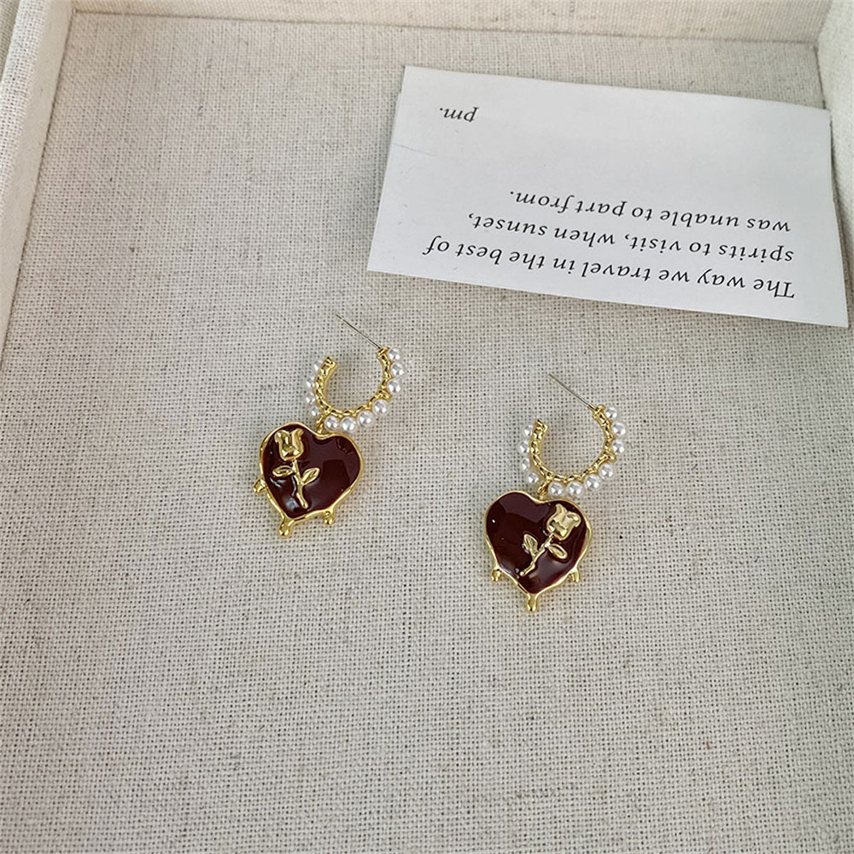 Wine Red & Pearl Rose Heart Huggie Earring