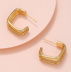 Cubic Zirconia & 18K Gold-Plated Square Huggie Earrings