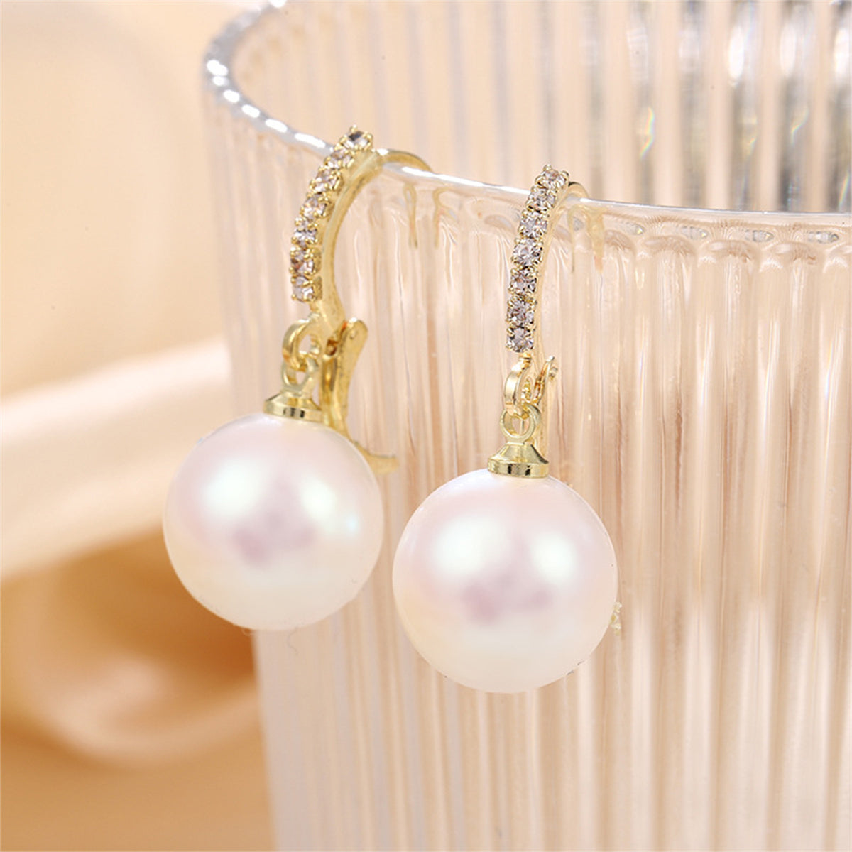 Cubic Zirconia and Pearl Huggie Drop Earrings, huggie earrings, dainty minimalist design, lifestyle look