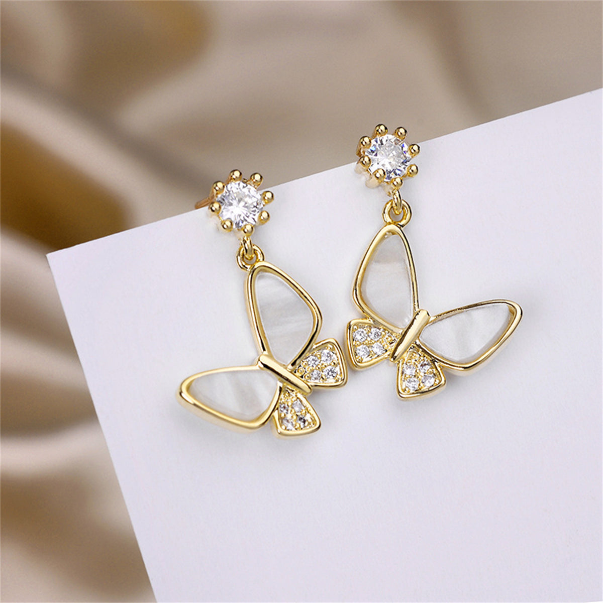 Cubic Zirconia and 18K Gold-Plated Shell-Accent Butterfly Drop Earrings, gold drop earrings for women, lifestyle look