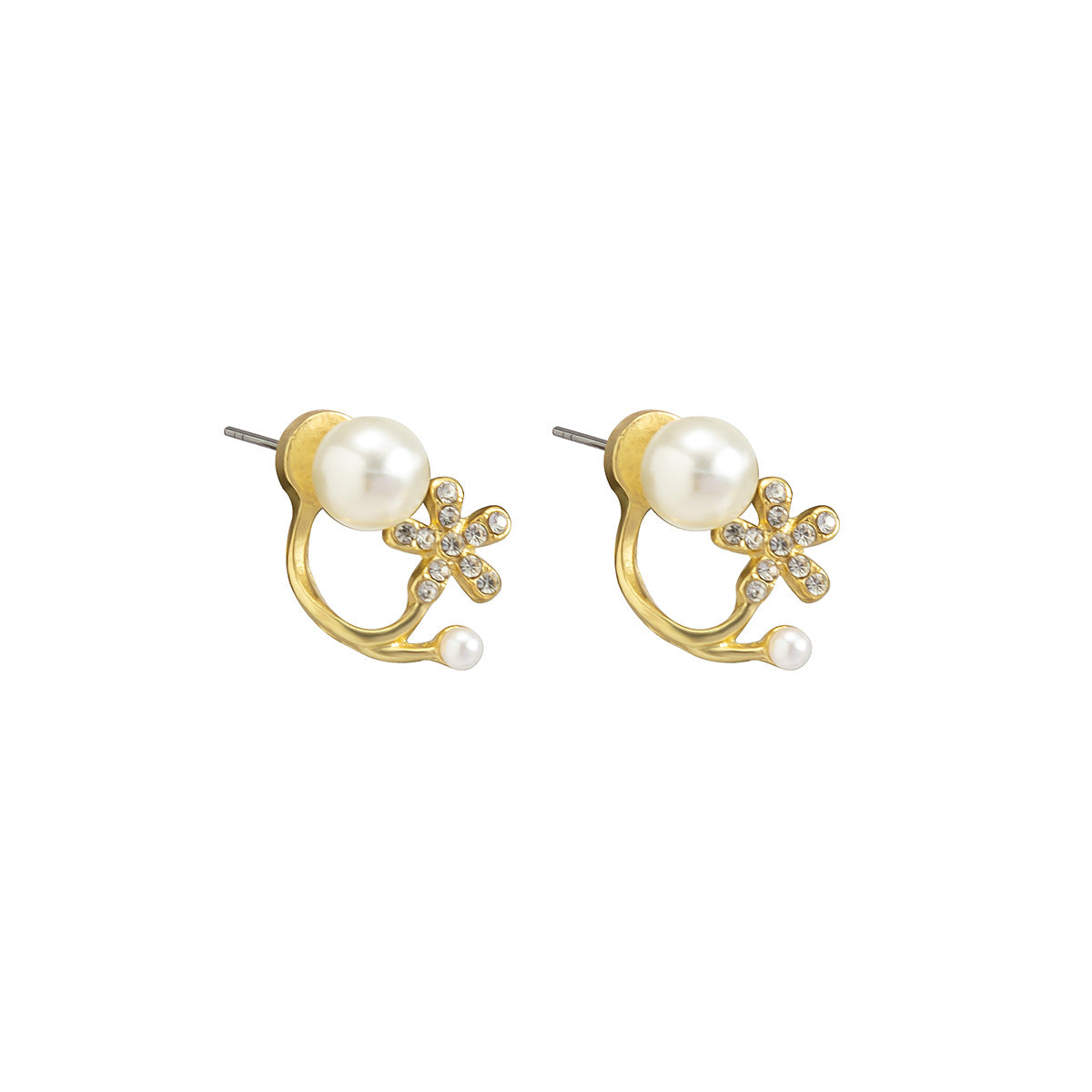 Cubic Zirconia and Pearl Flower Ear Jackets, stud earrings for women, dainty minimalist design, front view