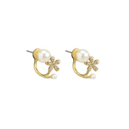 Cubic Zirconia and Pearl Flower Ear Jackets, stud earrings for women, dainty minimalist design, front view