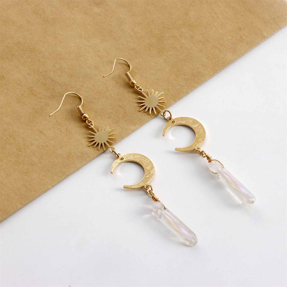 Crystal and 18K Gold-Plated Moon Drop Earrings, gold drop earrings for women, elegant gift for her, lifestyle look