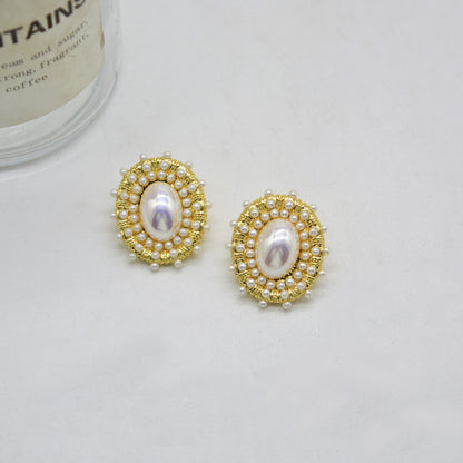 Pearl & 18K Gold-Plated Halo Oval Stud Earrings