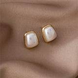 Pearl & 18k Gold-Plated Trapezoid Bezel Stud Earring
