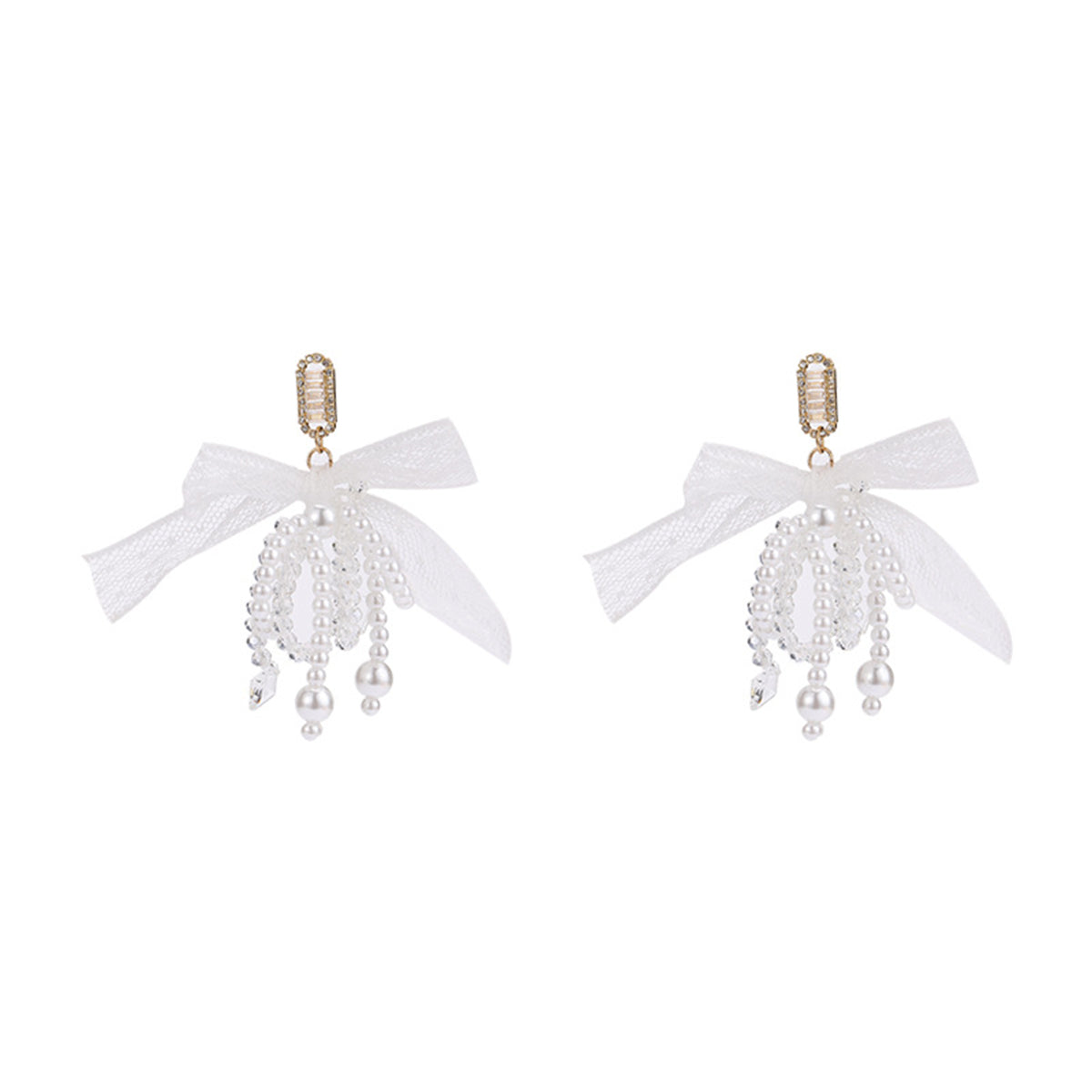 Cubic Zirconia and Crystal Pearl Silver-Plated Bow Drop Earrings, silver drop earrings for women, front view