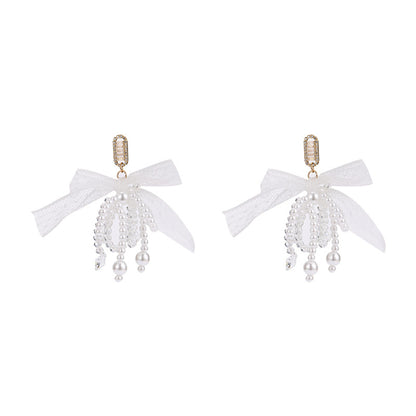 Cubic Zirconia and Crystal Pearl Silver-Plated Bow Drop Earrings, silver drop earrings for women, front view