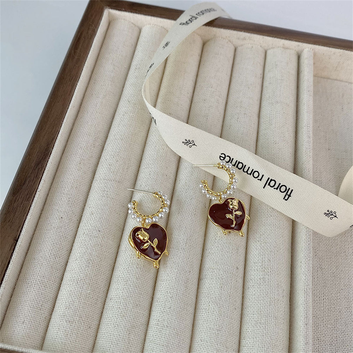 Wine Red & Pearl Rose Heart Huggie Earring
