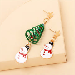 Cubic Zirconia & Enamel 18K Gold-Plated Tree & Snowman Mismatched Drop Earrings
