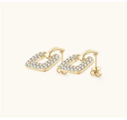 Cubic Zirconia and 18K Gold-Plated Square Drop Earrings, gold drop earrings for women, detail close-up