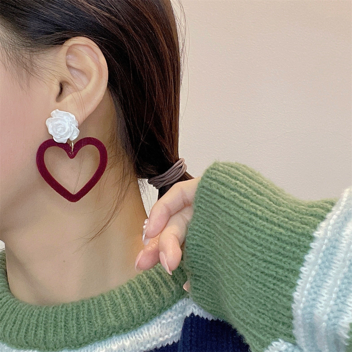 Wine Red Nylon & White Resin Rose Heart Drop Earrings