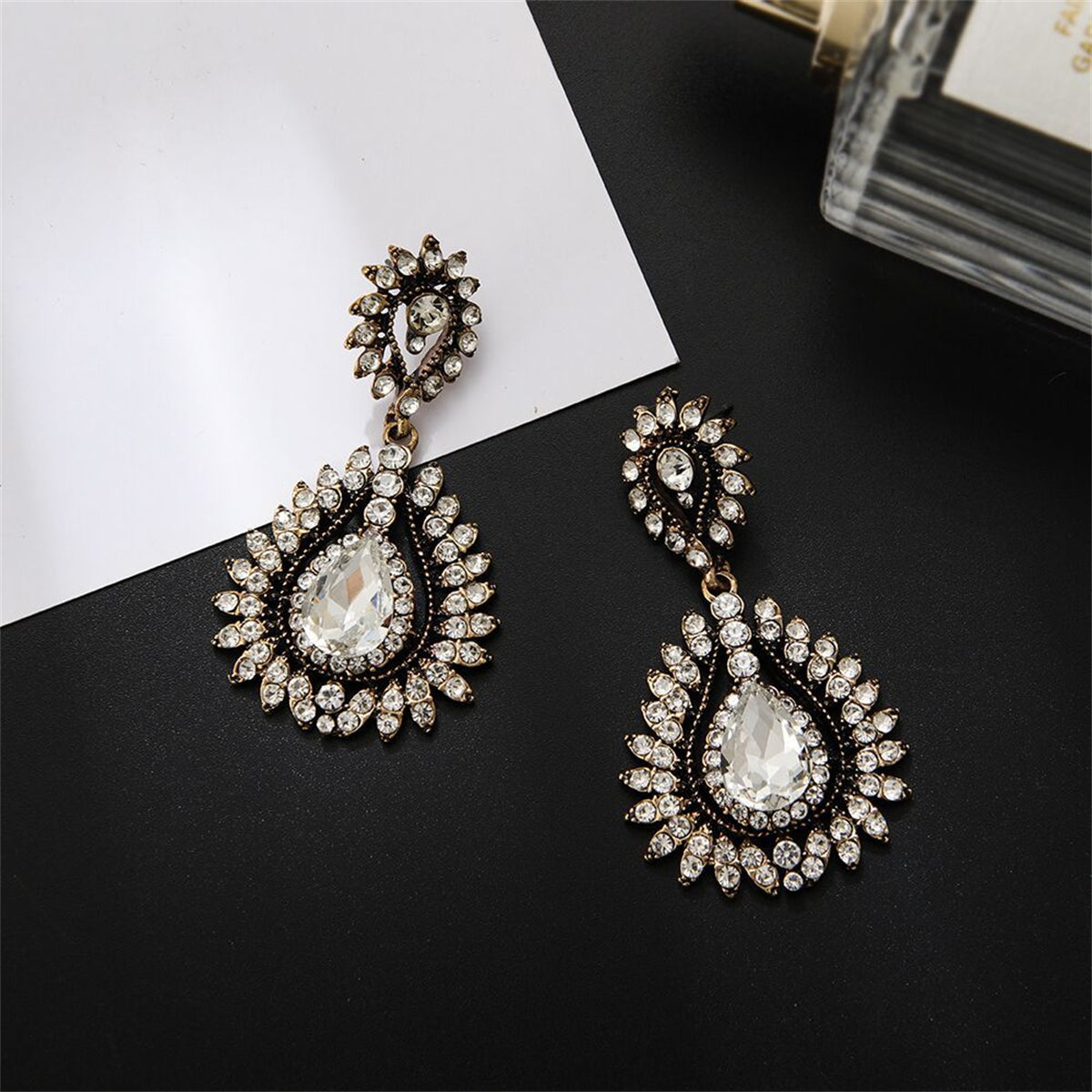 Crystal and Cubic Zirconia 18K Gold-Plated Teardrop Earrings, gold drop earrings for women, detail close-up