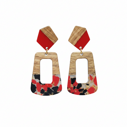 Red & Blue Resin Wood Goldtone Open Rectangular Hook Earrings - Street Region