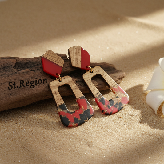 Red & Blue Resin Wood Goldtone Open Rectangular Hook Earrings - Street Region