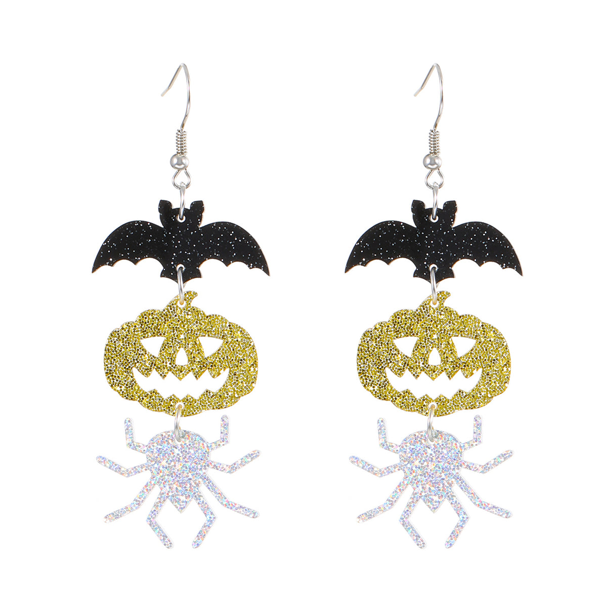 Orange and Silver-Plated Spooky Friends Drop Earrings, silver drop earrings for women, vintage-inspired design, front view
