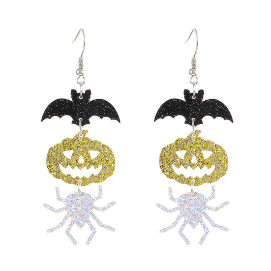 Orange and Silver-Plated Spooky Friends Drop Earrings, silver drop earrings for women, vintage-inspired design, front view