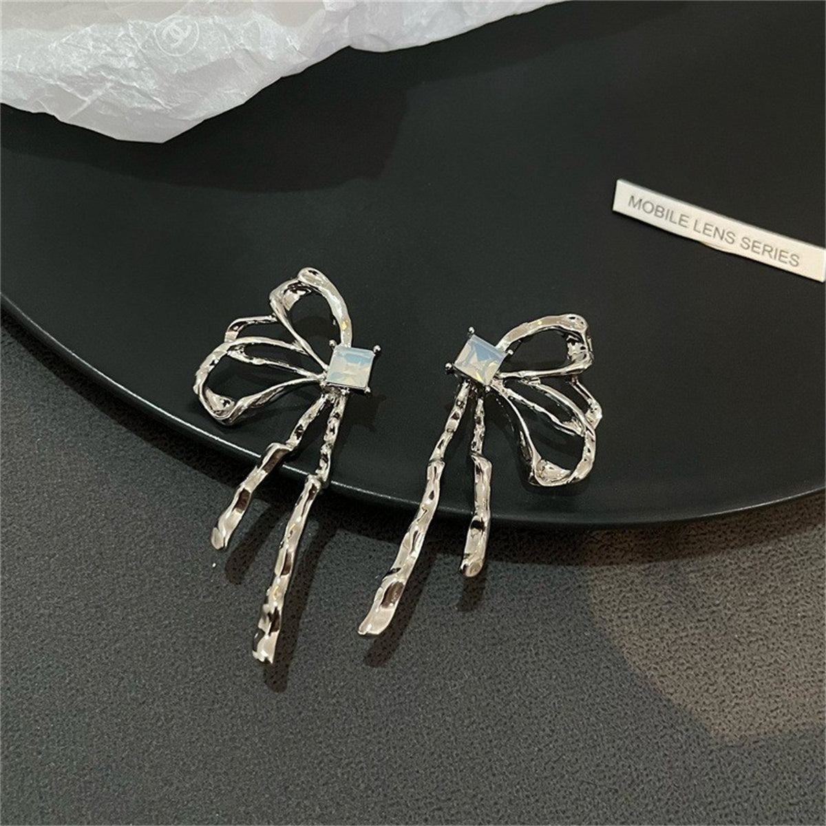 Cubic Zirconia and Silver-Plated Butterfly Stud Earrings, silver stud earrings for women, botanical inspired, detail close-up