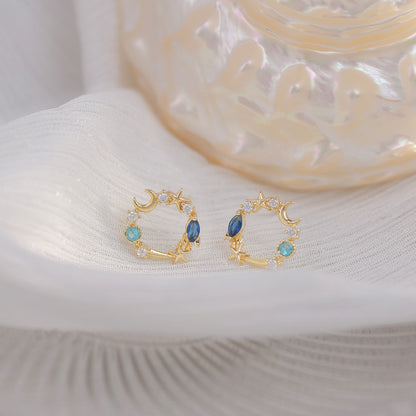 Blue Crystal and Cubic Zirconia 18K Gold-Plated Moon and Star Stud Earrings, gold stud earrings for women, side view