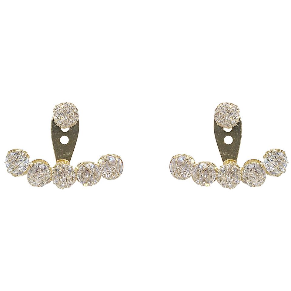 Cubic Zirconia and 18K Gold-Plated Nets Round Ear Jackets, gold drop earrings for women, elegant gift for her, front view
